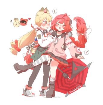 ! !? 2girls :d alice_thymefield asymmetrical_legwear black_boots black_choker black_gloves black_pantyhose black_sailor_collar black_skirt blonde_hair blush boots bow bowtie braid choker closed_eyes collared_shirt commentary_request fingerless_gloves full_body gloves green_skirt grey_shoes grey_socks grey_thighhighs hair_bow hair_ornament long_hair long_sleeves low_twintails miniskirt multiple_girls musical_note open_mouth pantyhose pink_sweater pleated_skirt rebecca_(keinelove) red_eyes red_hair sailor_collar shirt shoes simple_background single_sock single_thighhigh skirt smile socks sphere_hair_ornament spoken_exclamation_mark spoken_musical_note standing standing_on_one_leg sweater thighhighs twin_braids twintails ukinami_yuzuha uneven_legwear white_background white_bow white_bowtie white_shirt zenless_zone_zero