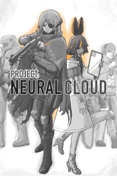 2girls 3boys absurdres animal_ears black_hair closed_mouth commentary_request copyright_name dress ear_protection evelyn_(neural_cloud) eyepatch full_body girls&#039;_frontline girls&#039;_frontline_neural_cloud gloves goggles grey_hair gun helmet high_heels highres holding holding_gun holding_weapon icantdrawart imhotep_(neural_cloud) load_bearing_vest long_hair multicolored_hair multiple_boys multiple_girls orange_hair pants shotgun smile spot_color standing streaked_hair tactical_clothes weapon