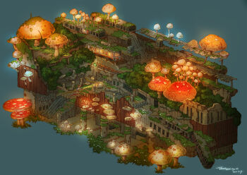 Rule 34 | 1boy, abandoned, arrow (symbol), backpack, bag, blue background, brown hat, brown pants, commentary request, dilapidated, escalator, flashlight, glowing, glowing mushroom, grey shirt, hat, highres, moss, mushroom, original, overgrown, pants, post-apocalypse, railroad tracks, ruins, shirt, simple background, solo, stairs, starbucks, starbucks siren, tokyogenso, train, wreckage