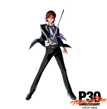 1boy anniversary atlus belt belt_buckle black_jacket black_pants black_shoes brown_belt brown_eyes brown_hair buckle collared_shirt copyright_name fighting_stance jacket katana long_sleeves male_focus milestone_celebration multicolored_jacket multicolored_shoes necktie official_art pants persona persona_2 purple_necktie school_uniform sega seven_sisters_high_school_uniform shirt shoes short_hair simple_background sneakers suou_tatsuya sword two-tone_jacket two-tone_shoes weapon white_background white_jacket white_shirt white_shoes