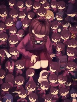6+girls absurdres artist_name braid brown_hair chibi closed_eyes from_above hashtag-only_commentary highres madotsuki minpupunkun multiple_girls on_head pink_sweater red_shoes red_skirt shoes sitting skirt sweater too_many_clones twin_braids yume_nikki