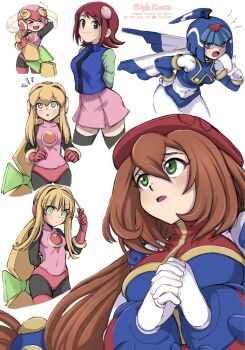 &gt;_&lt; 4girls :3 arm_behind_back ayla_kazemi black_thighhighs blonde_hair blue_eyes blue_hair blue_vest bow breasts brown_eyes closed_mouth fairy_leviathan_(mega_man) frown gloves green_bow green_eyes green_shirt hair_bow hand_in_own_hair hand_on_own_hip helmet highres iris_(mega_man) large_breasts leaning_forward long_hair long_sleeves mayl_sakurai_(mega_man) medium_breasts medium_hair mega_man_(series) mega_man_battle_network_(series) mega_man_x4 mega_man_x_(series) mega_man_zero_(series) multiple_girls open_mouth own_hands_together pink_gloves pink_skirt ponytail roll.exe_(mega_man) shirt sidelocks simple_background skirt smile standing thighhighs vest white_background white_gloves