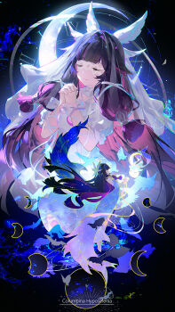 1girl black_hair bridal_veil character_name chinese_commentary closed_eyes columbina_(genshin_fes_2026)_(genshin_impact) columbina_(genshin_impact) commentary_request crescent_moon dress eye_mask genshin_impact hair_wings highres long_hair mask moon multicolored_hair multiple_views own_hands_together purple_hair smile two-tone_hair veil very_long_hair white_dress white_wings wings yu_e_baba