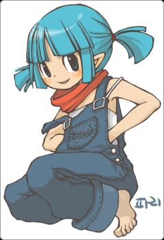 1girl anime_coloring archived_source artist_name bare_arms barefoot blue_eyes blue_hair blue_overalls blunt_bangs blunt_ends blunt_sidelocks blush buttons clothes_down copyright_name dot_nose egloo-tan egloos english_text full_body hair_tie korean_commentary korean_text open_mouth overalls pari_(piewho) pointy_ears red_scarf scarf second-party_source short_twintails sidelocks simple_background solo tank_top toes twintails white_background white_tank_top