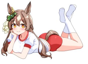 Rule 34 | 1girl, animal ears, ass, blush, braid, breasts, brown eyes, brown hair, brown tail, buruma, closed mouth, clothing cutout, commentary request, ear ornament, gym shirt, hair between eyes, half up braid, head rest, highres, horse ears, horse girl, horse tail, large breasts, long hair, looking at viewer, multicolored hair, red buruma, renny (seraphyfether), satono diamond (umamusume), shirt, short sleeves, simple background, smile, socks, solo, streaked hair, tail, tail through clothes, thighs, umamusume, white background, white shirt, white socks, white streaks