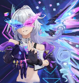 1girl absurdres collarbone commentary_request gauntlets goggles goggles_on_head grey_hair gutong hair_between_eyes highres honkai:_star_rail honkai_(series) long_hair looking_at_viewer mechanical_wings open_mouth portrait purple_eyes silver_wolf_(honkai:_star_rail) silver_wolf_(lv.999)_(honkai:_star_rail) smile solo teeth wings