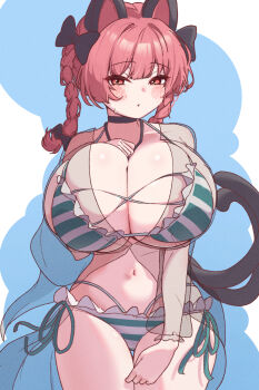 1girl alternate_breast_size_(larger) bikini black_bow blush bow braid breasts cat_tail cleavage commentary_request cowboy_shot green_bikini hair_bow half-closed_eyes highres huge_breasts kaenbyou_rin long_hair looking_at_viewer multiple_tails navel qhtz5jk12g76962 red_eyes see-through_clothes side_braids solo sweatdrop swimsuit tail touhou twin_braids two_tails white_bikini