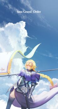 1girl black_thighhighs blonde_hair braid closed_mouth cloud commentary_request copyright_name fate/grand_order fate_(series) flag headpiece holding holding_flag jeanne_d'arc_(fate) kanda_kou long_hair looking_at_viewer smile solo sword thighhighs weapon