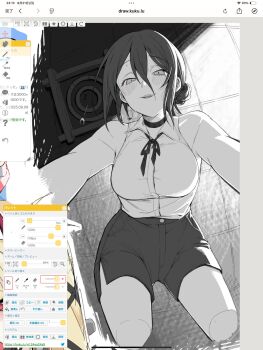 1girl art_program_in_frame blush breasts ceiling_light chainsaw_man choker collared_shirt cowboy_shot cropped_legs double-parted_bangs from_below grenade_pin hair_between_eyes hair_bun hayakuhashireyo highres long_hair_between_eyes looking_at_viewer magicaldraw magicaldraw_(medium) medium_breasts neck_ribbon parted_lips pov reze_(chainsaw_man) ribbon shirt shirt_tucked_in short_hair shorts side_slit single_hair_bun sleeveless sleeveless_shirt smile solo sweatdrop wing_collar