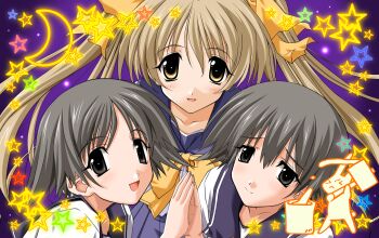 blonde_hair blush bow closed_mouth grey_hair highres ibuki_minamo long_hair looking_at_viewer memories_off memories_off_1 memories_off_2nd non-web_source official_art open_mouth purple_background sailor school_uniform short_hair simple_background smile souma_megumi yellow_bow