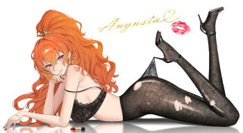 1girl absurdres alternate_hairstyle augusta_(wuthering_waves) bare_shoulders black_bra black_pantyhose black_shoes bra breasts character_name closed_mouth commentary cosmetics dang_geun23283 fingernails from_side full_body hair_between_eyes high-waist_pantyhose high_heels highres hooked_on_heel lace lace_bra lace_pantyhose lace_pantyhose_hooked_on_heel_(meme) large_breasts lipstick_mark lipstick_tube looking_at_viewer looking_to_the_side lying meme nail_polish on_stomach orange_hair orange_nails pantyhose ponytail red_eyes reflective_floor shoes sideboob simple_background smile solo strap_slip strappy_heels tacet_mark_(wuthering_waves) the_pose torn_clothes torn_pantyhose underwear underwear_only white_background wuthering_waves