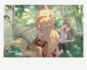 Rule 34 | 1girl, arcanine, black shorts, brown hair, clenched teeth, closed eyes, fangs, gen 1 pokemon, highres, nintendo, orange fur, plant, pokemon, pokemon (creature), ponytail, rainbow, red eyes, robinlovesop, shorts, showering, striped fur, sunlight, teeth, water