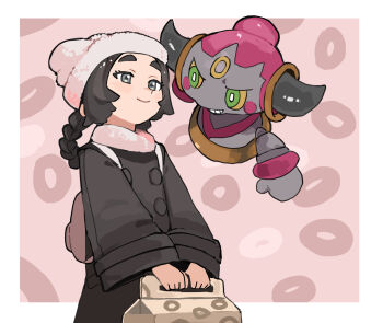 1girl ansha_(pokemon) backpack bag black_coat black_hair border braid closed_mouth coat commentary_request eyelashes fpwgfnrixm35508 gen_6_pokemon grey_eyes hat highres holding hoopa hoopa_(confined) legendary_pokemon long_hair long_sleeves mythical_pokemon nintendo outside_border pink_hat pink_scarf pokemon pokemon_(creature) pokemon_legends:_z-a scarf smile white_border