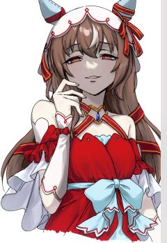 Rule 34 | 1girl, animal ears, bare shoulders, bow, brown hair, commentary request, detached sleeves, dress, ear covers, ear ribbon, hair ribbon, highres, horse ears, horse girl, long hair, looking at viewer, multicolored hair, red dress, red eyes, red ribbon, ribbon, sarachi (sara dayluv), simple background, smile, solo, still in love (scarlet vow raiment) (umamusume), still in love (umamusume), streaked hair, umamusume, veil, white background, white hair, white streaks, white veil