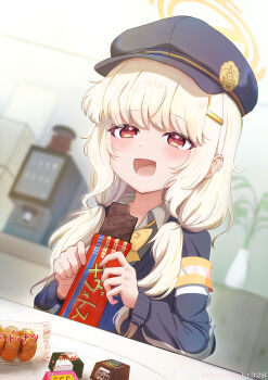 1girl :d absurdres aoba_(blue_archive) armband black_hat black_jacket blonde_hair blue_archive blurry blurry_background blush bow bowtie candy candy_bar collared_shirt commentary_request dutch_angle food hair_ornament hairclip halo happy hat highres holding holding_food ice_night328 indoors jacket long_hair long_sleeves looking_at_viewer low_twintails newsboy_cap open_mouth orange_armband orange_halo red_eyes shirt smile snack solo track_jacket twintails upper_body white_shirt yellow_bow yellow_bowtie