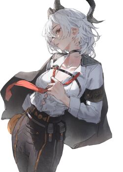 1girl armband black_armband black_choker black_horns black_jacket black_pants button_gap chest_harness choker collarbone collared_shirt commentary cowboy_shot curled_horns harness highres horns jacket jacket_on_shoulders kuroisen looking_at_viewer necktie pants parted_lips red_eyes red_necktie shirt shirt_tucked_in simple_background solo white_background white_shirt wuthering_waves zani_(wuthering_waves)