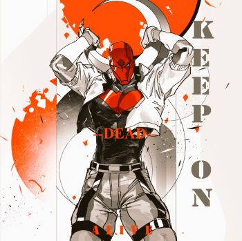 bat_signal batman_(series) batman_symbol black_bodysuit black_gloves bodysuit brothers brown_jacket dc_comics gloves grey_bodysuit guoba7777 jacket jason_todd male_focus mask multicolored_bodysuit muscular muscular_male open_clothes pants red_hood_(dc) red_hood_and_the_outlaws red_mask siblings superhero_costume taut_bodysuit two-tone_bodysuit