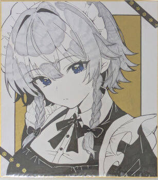 1girl absurdres black_bow black_bowtie black_dress blue_eyes bow bowtie braid closed_mouth collared_shirt commentary_request dress grey_hair hair_between_eyes hair_bow hair_intakes highres izayoi_sakuya looking_at_viewer maid_headdress marker_(medium) medium_hair portrait re_re_merry shikishi shirt solo touhou traditional_media twin_braids white_shirt