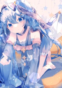1girl ahoge blue_dress blue_eyes blue_hair blush bow breasts commentary_request constellation_print dress fuyuzuki_gato hair_between_eyes hair_bow hair_ornament hatsune_miku highres long_hair long_sleeves looking_at_viewer official_alternate_costume official_alternate_hairstyle open_mouth sleeveless sleeveless_dress small_breasts smile solo star_(symbol) star_hair_ornament twintails vocaloid wide_sleeves yuki_miku yuki_miku_(2017)