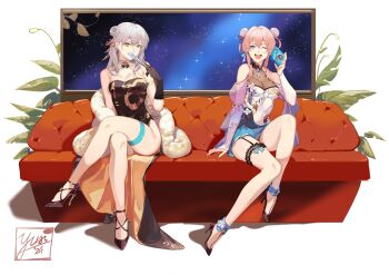 2girls :d ;d black_dress black_shoes blue_eyes breasts bun_cover camera china_dress chinese_clothes cleavage couch covered_navel crossed_legs double_bun dress gloves grey_hair hair_bun hand_fan high_heels highres holding holding_camera holding_fan honkai:_star_rail honkai_(series) knees looking_at_viewer march_7th_(honkai:_star_rail) medium_breasts multicolored_eyes multiple_girls on_couch one_eye_closed open_mouth pink_hair shirt shoes sitting smile stelle_(honkai:_star_rail) trailblazer_(honkai:_star_rail) yusi_vishnu