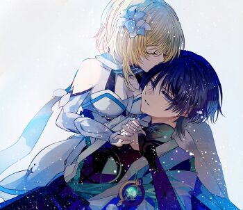 Rule 34 | 1boy, 1girl, anemo symbol (genshin impact), aqua gem, arm cutout, black bodysuit, blonde hair, blue cape, blue flower, blue kimono, blue sleeves, blue trim, blunt ends, bodysuit, bow, breasts, cape, cleavage, closed eyes, clothing cutout, collarbone, colored eyelashes, commentary request, couple, detached sleeves, dress, eyelashes, facing another, fingernails, flower, gem, genshin impact, gold, hair flower, hair ornament, hetero, hhlxxm, holding hands, interlocked fingers, japanese clothes, juban, kimono, kissing head, lap pillow, large breasts, layered sleeves, looking at viewer, lumine (genshin impact), lying on person, mandarin collar, multicolored flower, open clothes, open kimono, parted lips, pom pom (clothes), purple bow, purple eyes, purple hair, purple shorts, scaramouche (genshin impact), scarf, short hair, short hair with long locks, short sleeves, shorts, sidelocks, single bare shoulder, tsurime, twitter username, vambraces, wanderer (genshin impact), watermark, white background, white dress, white flower, white kimono, white mouth, white scarf, white sleeves, wispy bangs