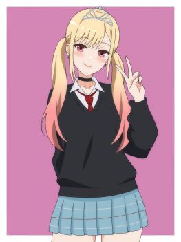 1girl absurdres black_sweater blonde_hair blue_skirt border dani_(angrymatthew) highres kitagawa_marin low_twintails miniskirt necktie pink_background pink_hair pleated_skirt red_eyes red_necktie shirt simple_background skirt solo sono_bisque_doll_wa_koi_wo_suru sweater twintails v white_border white_shirt