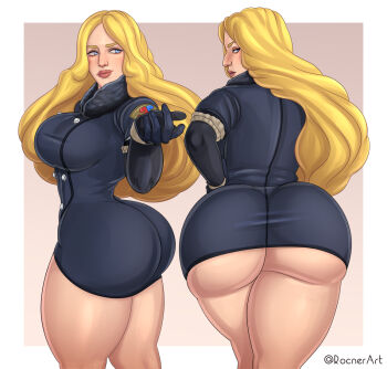 1girl ass black_gloves blonde_hair blue_eyes breasts buttons coat eyebrows fur_trim gloves huge_ass kolin large_breasts lips long_hair looking_back rocner solo street_fighter street_fighter_v thick_lips thick_thighs thighs twitter_username wavy_hair wide_hips winter_clothes winter_coat