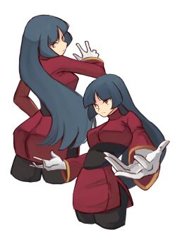 Rule 34 | 1girl, ass, blunt bangs, bodysuit, bodysuit under clothes, breasts, cropped jacket, cropped legs, gloves, highres, jacket, long hair, long sleeves, medium breasts, miniskirt, multiple views, nintendo, pencil skirt, pokemon, pokemon frlg, red eyes, red jacket, red skirt, sabrina (pokemon), side slit, skirt, solo, straight hair, tikuwabu 33, turtleneck, turtleneck jacket, white gloves