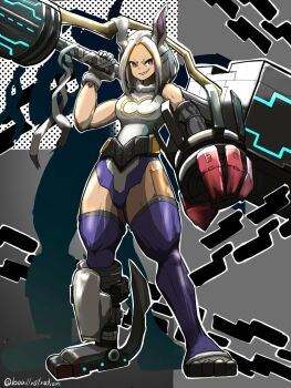 1girl animal_ears belt bo_(bouillustration) boku_no_hero_academia breasts commentary_request dark-skinned_female dark_skin full_body gloves highres holding holding_weapon huge_weapon leotard mechanical_arms mechanical_legs medium_hair mirko outline purple_thighhighs rabbit_ears rabbit_girl red_eyes scar scar_on_leg sidelocks single_glove single_mechanical_arm single_mechanical_leg smile solo spoilers standing thick_thighs thighhighs thighs toned toned_female twitter_username v-shaped_eyebrows weapon white_gloves white_hair white_leotard white_outline