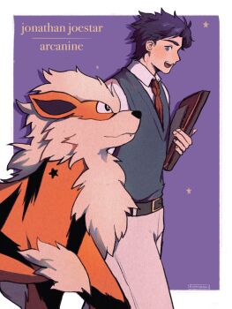 1boy arcanine birthmark blue_sweater_vest border character_name clipboard crossover gen_1_pokemon grey_pants highres holding joestar_birthmark jojo_no_kimyou_na_bouken jonathan_joestar kookirani male_focus necktie open_mouth pants phantom_blood pokemon pokemon_(creature) purple_background red_necktie star_(symbol) sweater_vest white_border