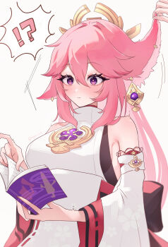 !? 1girl 1other absurdres bare_shoulders blush book breasts closed_mouth commentary_request detached_sleeves dress droopy_ears earrings genshin_impact grabbing_another&#039;s_ear hair_between_eyes hand_on_another&#039;s_ear highres holding holding_book japanese_clothes jewelry large_breasts long_hair nontraditional_miko nyamo-lv0 open_book pink_hair pink_pupils purple_eyes sidelocks simple_background solo_focus sweatdrop upper_body very_long_hair white_background white_dress white_sleeves yae_miko
