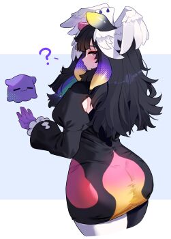 1girl :3 =_= ? absurdres alternate_costume ass black_dress black_hair blue_eyes blue_hair clothing_cutout clulless commentary cropped_legs dress english_commentary fang fang_out feathered_wings gloves gradient_hair green_hair halftone head_wings highres hololive hololive_english juliet_sleeves long_hair long_sleeves looking_at_viewer multicolored_hair ninomae_ina'nis orange_hair profile puffy_sleeves purple_gloves sidelocks sideways_glance solo tako_takover_(ninomae_ina'nis) takodachi_(ninomae_ina'nis) tentacle_hair tight_clothes tight_dress virtual_youtuber white_wings wings