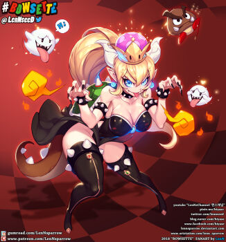 1girl 3others artist_name bare_shoulders blonde_hair blue_eyes boo_(mario) bowsette bracelet breasts crown dress earrings english_text fang fangs fingernails fire full_body goomba groping_motion hanging_breasts horns jewelry large_breasts latex lennsparrow long_hair mario_(series) multiple_others nintendo pointy_ears ponytail red_background sharp_fingernails shell skirt smile speech_bubble spiked_bracelet spikes super_crown tail thighhighs tongue tongue_out zipper