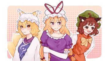 3girls ahoge animal_ear_fluff animal_ear_headwear animal_earrings animal_ears blue_tabard blush border bow cat_ears cat_girl chen collar collarbone commentary dress elbow_gloves fake_animal_ears family fang fox_girl fox_tail frilled_collar frilled_hat frills gloves green_hat hair_between_eyes hat highres kitsune kyuubi long_hair looking_ahead looking_at_viewer mob_cap multiple_girls multiple_tails orange_skirt orange_vest outline puffy_short_sleeves puffy_sleeves purple_dress red_bow shirt short_hair short_sleeves sideways_glance skin_fang skirt sleepymausu smile sparkling_eyes tabard tail touhou upper_body very_long_hair vest white_border white_dress white_gloves white_hat white_outline white_shirt yakumo_ran yakumo_yukari