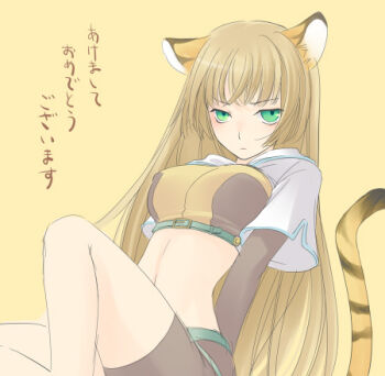1girl animal_ears arms_behind_back blonde_hair breasts brown_gloves brown_shirt brown_shorts closed_mouth commentary_request crop_top cropped_jacket elbow_gloves feet_out_of_frame gloves green_eyes hatoike_naname hunter_(ragnarok_online) jacket long_hair looking_at_viewer lowres medium_breasts midriff navel ragnarok_online shirt short_shorts short_sleeves shorts simple_background sitting solo tail tiger_ears tiger_girl tiger_tail translation_request white_jacket yellow_background