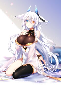 Rule 34 | 1girl, animal ears, bare shoulders, black thighhighs, blue eyes, blush, breasts, detached sleeves, female focus, hair between eyes, heterochromia, horns, konshin, large breasts, long hair, looking at viewer, orie hakua, original, seiza, single thighhigh, sitting, smile, solo, tail, thighhighs, very long hair, white hair, yellow eyes