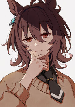 1girl agnes_tachyon_(umamusume) ahoge animal_ears black_necktie black_shirt brown_hair chemical_structure closed_mouth collared_shirt ear_ornament earrings hair_between_eyes hand_on_own_face horse_ears horse_girl jewelry long_sleeves necktie red_eyes shirt short_hair short_necktie simple_background single_earring smile solo split_mouth sweater twitter_username umamusume watermark white_background wolf_cut yellow_sweater yukidaruma1114