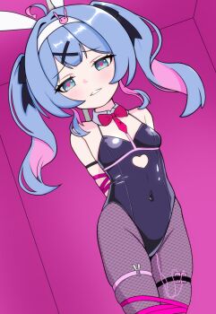 1girl absurdres arms_behind_back bdsm blue_eyes blue_hair blush bondage bound commentary hair_ornament hatsune_miku highres looking_at_viewer mauschan playboy_bunny rabbit_hole_(vocaloid) ribbon self-upload short_twintails smile solo symbol-only_commentary teeth twintails variant_set vocaloid