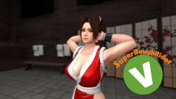 1girl 20s 3d animated armpits arms_behind_head arms_up artist_name bench blurry blurry_background bouncing bouncing_breasts breast_focus breasts brown_eyes brown_hair building cleavage dead_or_alive dead_or_alive_5 dead_or_alive_5_last_round depth_of_field dusk dutch_angle fatal_fury female_focus flexing high_ponytail highres indoors large_breasts logo long_hair looking_at_viewer matching_hair/eyes outdoors pec_flex ponytail red_tunic rope shiranui_mai sideboob sky smile snk solo source_filmmaker_(medium) standing superroughrider tecmo the_king_of_fighters towel tree tunic upper_body video