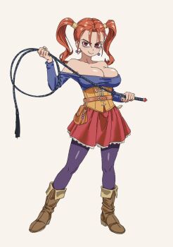 Rule 34 | 1girl, adapted costume, bare shoulders, boots, breasts, brown boots, cleavage, commentary request, corset, dragon quest, dragon quest viii, earrings, full body, h4sh1rnoto, hands up, highres, holding, holding whip, jessica albert, jewelry, large breasts, looking at viewer, metal hair tubes, off-shoulder shirt, off shoulder, orange hair, pantyhose, purple pantyhose, purple shirt, red eyes, red skirt, shirt, skirt, smile, solo, sphere earrings, standing, twintails