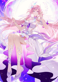 1girl absurdres bare_shoulders breasts commentary cyrene_(demiurge)_(honkai:_star_rail) cyrene_(honkai:_star_rail) dress flower hair_flower hair_ornament high_heels highres honkai:_star_rail honkai_(series) large_breasts long_hair looking_at_viewer multicolored_hair ninebread on_swing pink_hair purple_eyes smile solo swing thighs two-tone_hair very_long_hair white_dress white_hair