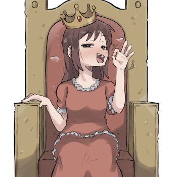 Rule 34 | 1girl, absurdres, azumanga daiou, breasts, breath, brown eyes, brown hair, crown, dress, fellatio gesture, heavy breathing, highres, kasuga ayumu, long hair, naughty face, oral invitation, princess, red dress, sitting, on throne, small breasts, smile, teeth, throne, upper teeth only, zlix0n