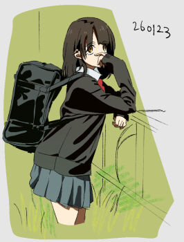 Rule 34 | 1girl, backpack, bag, black jacket, brown hair, commentary, jacket, long hair, long sleeves, looking at viewer, original, pleated skirt, school bag, school uniform, shoulder bag, skirt, solo, study jiji