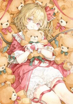 1girl blonde_hair bow closed_mouth collared_dress commentary cowboy_shot dress flandre_scarlet fur-trimmed_dress fur_trim hair_between_eyes hair_bow highres holly hugging_doll hugging_object kisarush layered_dress long_hair looking_at_viewer painting_(medium) puffy_short_sleeves puffy_sleeves red_bow red_dress red_eyes red_ribbon ribbon ribbon-trimmed_collar ribbon_trim short_sleeves smile solo star_(symbol) stuffed_animal stuffed_toy symbol-only_commentary teddy_bear too_many_dolls touhou traditional_media watercolor_(medium) watermark white_dress wings wrist_cuffs