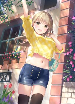 1girl :d absurdres arm_up bag black_thighhighs blonde_hair blue_bag blue_shorts blush breasts brown_eyes buttons cowboy_shot crop_top crop_top_overhang day denim denim_shorts flower flower_pot from_below hand_up handbag highres huge_filesize large_breasts light_rays long_hair looking_at_viewer midriff mignon navel non-web_source open_mouth original outdoors pink_flower plaid_clothes plaid_shirt plant potted_plant red_flower rose scan shirt short_shorts short_sleeves shorts smile solo standing stomach sunbeam sunlight teeth thighhighs thighs tree_shade tulip upper_teeth_only yellow_flower yellow_shirt