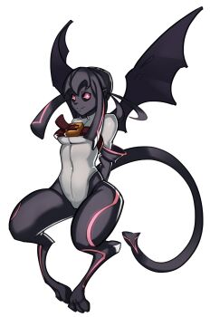 arms_behind_back bat_wings belt belt_around_breasts belt_bra black_sclera colored_sclera demon_wings flying functionally_nude gloves highres kuu looking_at_viewer monster_girl navel personification pink_eyes simple_background splashbrush tail under_night_in-birth wings