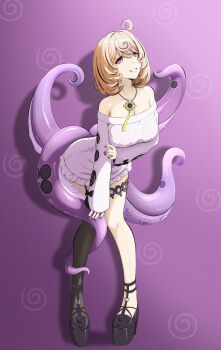 1girl arched_back arm_under_breasts bare_shoulders black_shoes blonde_hair breasts commentary_request dress frilled_dress frills full_body garter_straps grin highres holding_own_arm jewelry medium_breasts mole mole_under_mouth monster_girl necklace off-shoulder_dress off_shoulder parted_lips purple_background purple_eyes purple_nails scylla shadow shoes short_hair single_garter_strap single_thighhigh smile solo spiral spiral_print suction_cups syougun1106 tentacle_girl tentacle_grab tentacle_tail tentacles thighhighs white_dress yidhari_murphy zenless_zone_zero