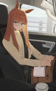 1girl alternate_costume animal_ears aqua_eyes blush brown_sweater car car_interior coffee cup disposable_coffee_cup disposable_cup highres horse_ears horse_girl long_hair looking_at_viewer motor_vehicle ningen_gokko on_car orange_hair seatbelt silence_suzuka_(umamusume) sitting solo sweater turtleneck turtleneck_sweater umamusume