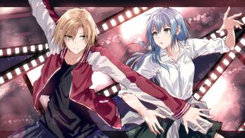 2girls arm_up asahi_rokka bang_dream! bang_dream!_girls_band_party! black_shirt blonde_hair blue_hair clothes_around_waist collared_shirt commentary_request dress_shirt film_strip green_eyes green_skirt grey_jacket grin haneoka_school_uniform highres jacket jacket_around_waist long_hair long_sleeves looking_at_another miniskirt multiple_girls open_clothes open_hand open_jacket open_mouth outstretched_arms parted_lips pleated_skirt red_jacket sato_masuki school_uniform shirt short_hair skirt smile spread_arms white_shirt yellow_eyes yukitake_(bullfalk)