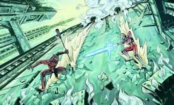 2boys absurdres alien battle black_skin chopchopguy color_timer colored_skin commentary_request dai-kaijuu_battle_ultra_ginga_densetsu_the_movie energy_beam giant giga_battlenizer highres holding holding_weapon land_of_light multicolored_skin multiple_boys orange_eyes red_skin silver_skin tokusatsu ultra_beam ultra_galaxy_(series) ultra_series ultraman_belial weapon yellow_eyes zoffy_(ultra_series)